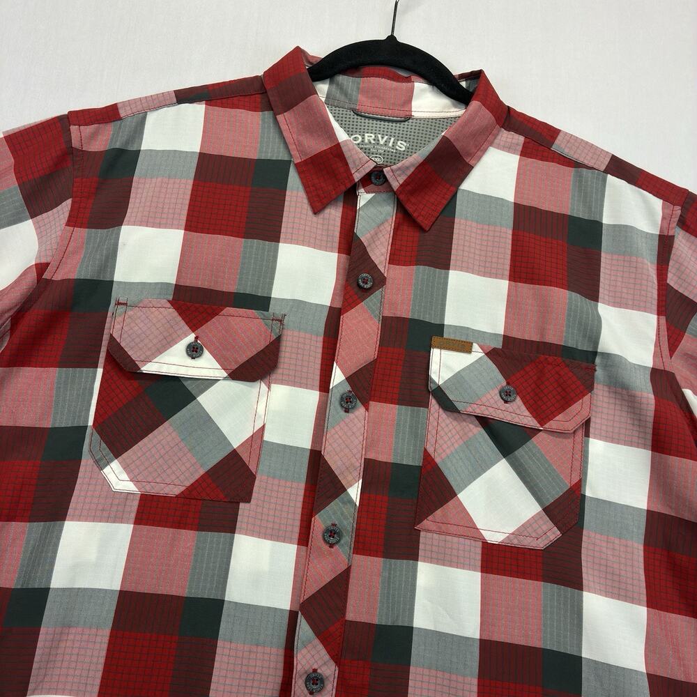 Orvis Men’s Shirt XXL Red Gray Plaid Short Sleeve Button Up Fishing Outdoor